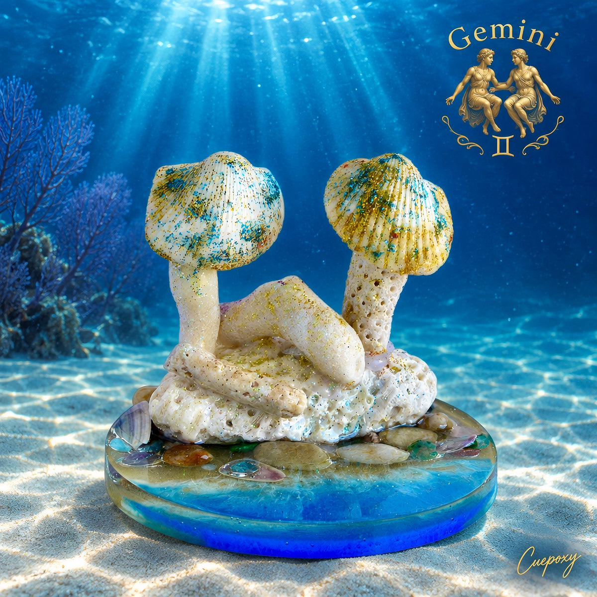Twin seashell forms on a round blue base beneath ocean sunbeams, with golden Gemini twins and the zodiac symbol.