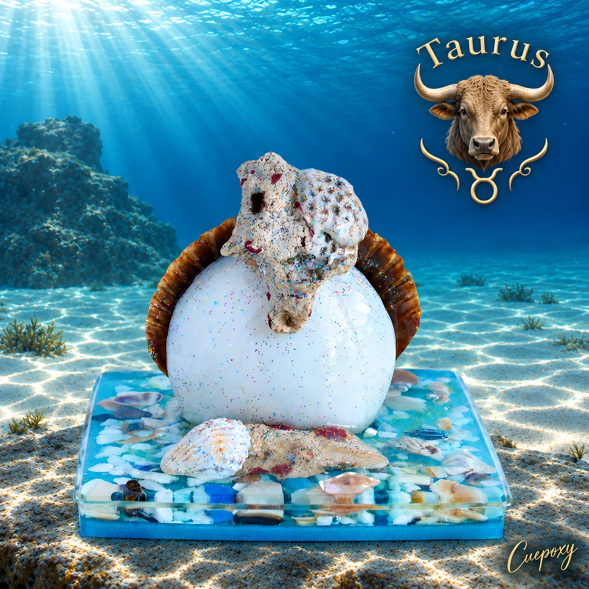 White orb topped with a seashell on a square blue base underwater, with a golden Taurus bull and zodiac symbol.