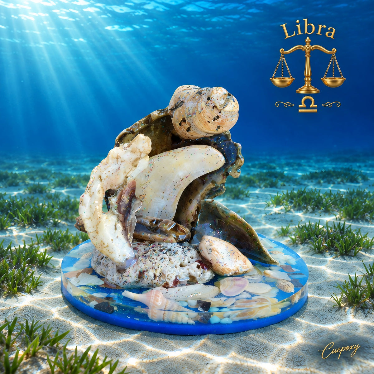 Seashell sculpture on a round blue base amid underwater seagrass, with golden Libra scales and the zodiac symbol.