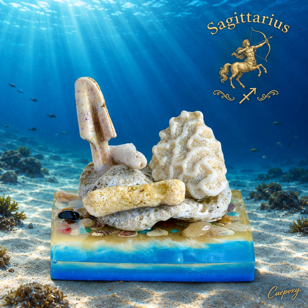 Seashell sculpture on a blue and gold base beneath ocean sunbeams, with a golden Sagittarius archer and zodiac symbol.